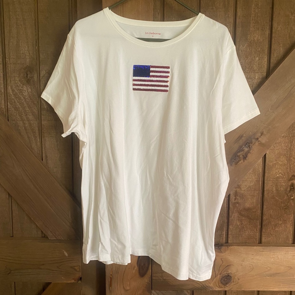 Liz Claiborne T Shirt Womens 3X White Excellent Sequin American Flag Tee